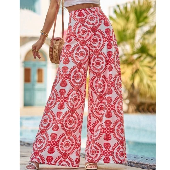 Red Boho Womens Damask Print Wide Leg Pants - Picture 3 of 5